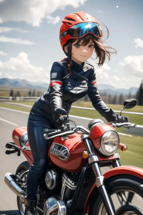 ((( Masterpiece:1.3, Best Quality, hight resolution, nffsw, Perfect Pixel,  4K, nffsw, nffsw))), 1girl in, Off-road motorcycle driving on spring country roads、18-year-old girl、jet helmet、((December scenery, white Christmas, softly falling snow, she drives ...