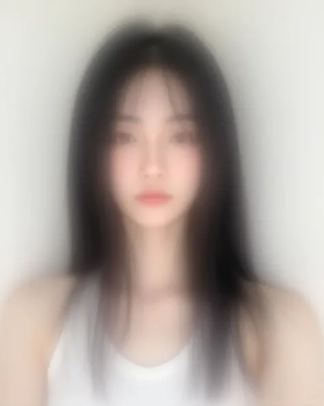 a high-resolution selfie of a beautiful korean woman in her 20s, clear and smooth pale skin, clean and thin eyebrows, long straight black hair, wearing a white sleeveless top, subtle makeup, sharp facial features, smartphone selfie, front-facing, natural l...