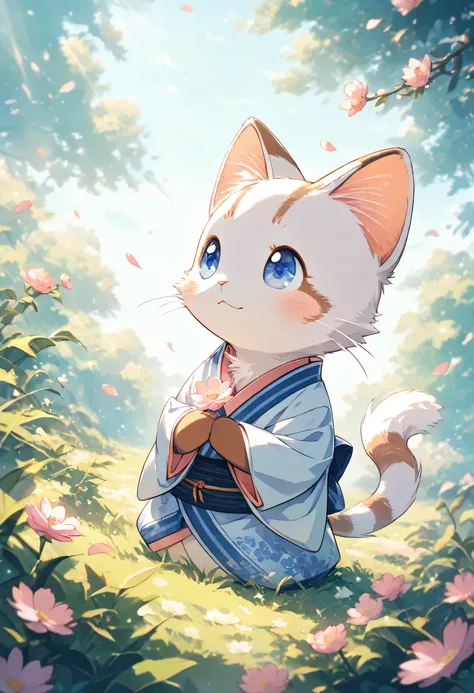 (masterpiece, best quality, ultra-detailed), a cute stylized Ragdoll cat with a rounded face, blue eyes, soft white fur with light brown points, no bangs, no human hairstyle, wearing a traditional Japanese kimono, gently catching flower petals in both hand...