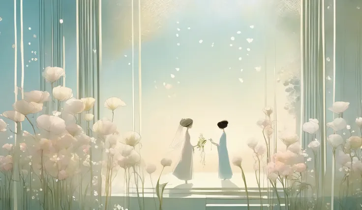 loish and pascal campion art, an ethereal scene of surreal giant flowers blooming soft white bell-flowers gently drooping like tiny tranlucent porcelain chimes, their fragrance lingering in the silver air. A quiet breeze stirs the leaves, dew glistening li...