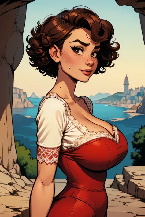 ( Absurdo, hd , Ultra detailed,  be careful with your hand ) Close-up view of a slim and athletic woman, 25 anos, 8k (( high definition )), MYSTERIOUS SMILE, look seductive, brown eyes sweater, wears a royal red high-waisted long dress (( with lace V-neck ...