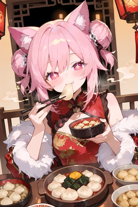 A cute cat-eared girl happily eating Chinese food at a traditional Chinese restaurant. She is holding chopsticks and enjoying dim sum, dumplings, and sweet and sour pork. Wearing a modern cheongsam-style outfit, her fluffy cat ears twitch with joy. The bac...