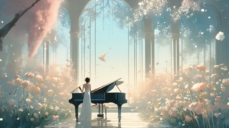 Loish and Pascal Campion art, an ethereal scene of surreal giant flowers blooming, soft white bells gently drooping like tiny translucent porcelain chimes, their fragrance lingering in the silver air. A gentle breeze stirs the leaves, dew shining like pear...