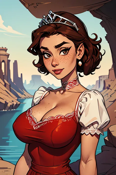 ( Absurdo, hd , Ultra detailed, be careful with your hand ) Close-up view of a slim and athletic woman, 25 anos, 8k (( high definition )), MYSTERIOUS SMILE, look seductive, brown eyes sweater, wears a royal red high-waisted long dress (( with lace V-neck ...