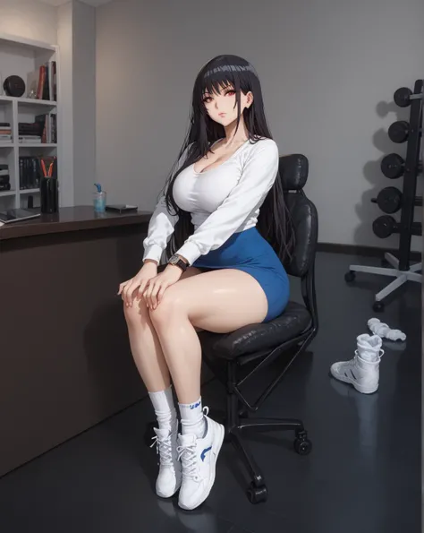 Source anime, Tall girl,score_9, score_8_up, score_7_up, score_6_up, uncensored, claire kagenou, long hair, black hair, red eyes, huge breast,thighs, selfie, 1girl, black_hair, solo, breasts, long_hair, sitting, skirt, cleavage, white_shirt, socks, shirt, ...
