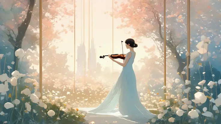Loish and Pascal Campion art, an ethereal scene of surreal giant flowers blooming, soft white bells gently drooping like tiny translucent porcelain chimes, their fragrance lingering in the silver air. A gentle breeze stirs the leaves, dew shining like pear...