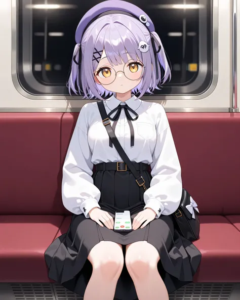 (best quality,amazing quality,very aesthetic,absurdres,newest,4k,8k), shinomiya runa, 1girl, solo, virtual youtuber, purple hair, two side up, short hair, yellow eyes, hair ribbon, black ribbon,hair ornament, hairclip, short breasts, voluptuous, purple ber...