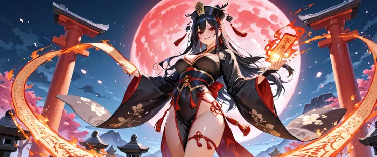 "A powerful and alluring female version of Black Wuchang (Hei Wuchang), the legendary soul guardian from ancient Chinese mythology. She wears a sensual variation of a traditional black Taoist robe combined with flowing hanfu elements — high slits, layered ...
