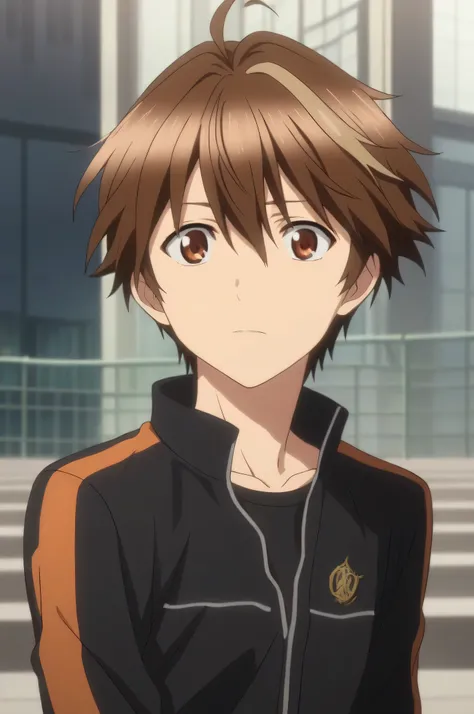 score_9, score_8_up, score_7_up, , rating_safe, intricate details, anime screencap, anime coloring, 1boy, solo, male focus,  shuu_ouma, brown hair, brown eyes, short hair, ahoge, hair between eyes, track jacket , brown eyes , black pants , track suit , bla...