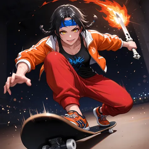 ((Tracking shot, Cinematic zoom-in, Motion Blur, front angle, Overhead spotlight angle):1.2), ((masterpiece, epic action, best quality, ultra realistic, rich facial details, rich scenery details, full HD, 8k, ultra detailed action scene of a swordsman cutt...