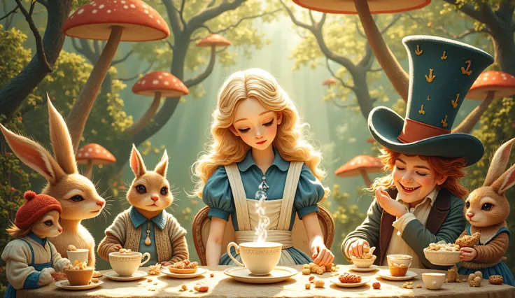 whimsical art style, illustration, flat design, Ethereal blonde Alice in detailed Victorian blue dress and pristine white apron gazing into a delicate porcelain teacup with dancing steam tendrils, seated at an elaborate mismatched tea table in Wonderland, ...