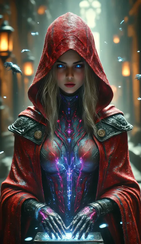 A mysterious and powerful female hacker, Blondie long hair, blending medieval wizardry and futuristic cyberpunk. She wears a tattered yet regal red mage cloak with glowing runes, layered over a sleek cybernetic bodysuit with neon circuitry. Her hood casts ...
