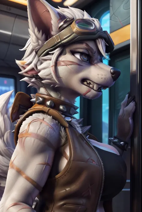 Gasket, ((Paw Patrol)), ((female solo)), domestic dog, female, adult female, brown eyes, (((gray fur)), ((gray body)), (wearing brown leather vest:1.55), (wearing spike wristband:1.25), (large breasts:1.25), (huge breasts:1.45), (hair over eyes:1.25), (whi...