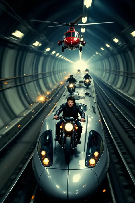 A high-speed subway train races through the Chunnel, its silver roof vibrating under the weight of a motorcycle chase. Tom Cruise rides a black motorcycle across the top of the train, leaning forward with intense focus as sparks fly from his tires. Behind ...