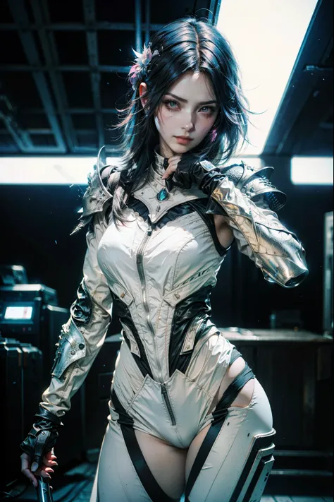 Girl (((waist up::1. 4))), realistic skin texture, front view::1.0, in complex & hyper detailed white and black plugsuit armor (((light glow effect))), dinamic panning photography move::1, midnight hour illuminationr, (masterpiece), best quality, perfect p...