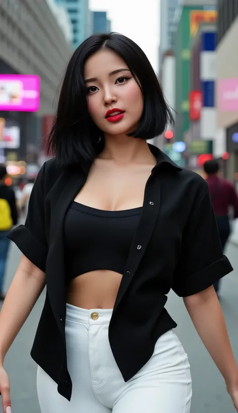 a woman, walking in the middle of town, facing the camera, use black open shirt, use leggings of white color, huge breasts, red lips, black hair, sexy body shape, lustful expression