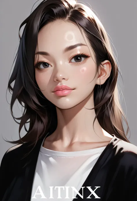 1girl, realistic, solo, grey background, lips, pink lips, (black top knot hair), black thin eyebrows, black eyes, nose, shirt, asian, collarbone, looking at viewer, simple background, artist name, white shirt