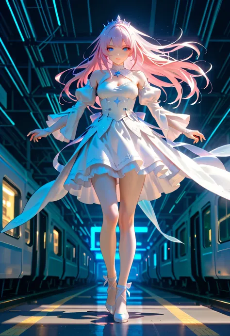 a fantasy beautiful bride walking subway train station t, a beautiful bride best detailed face, dynamic hair color, dynamic hair style, neon lights, a train passing by , cinematic light, High Detail, Ultra High Quality, High Resolution, 16K Resolution, Ult...