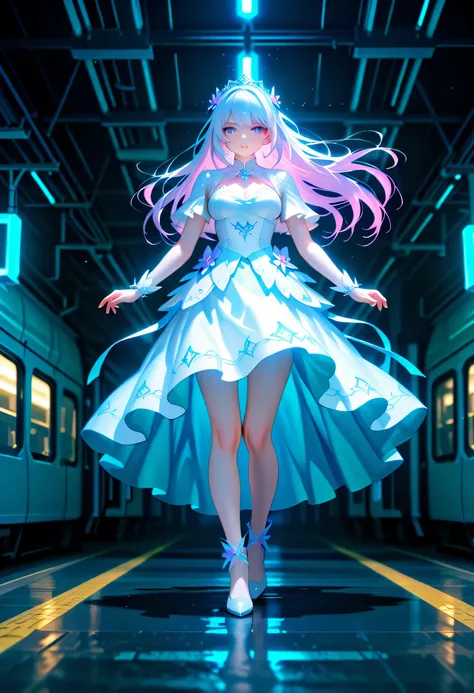 a fantasy beautiful bride walking subway train station t, a beautiful bride best detailed face, dynamic hair color, dynamic hair style, neon lights, a train passing by , cinematic light, High Detail, Ultra High Quality, High Resolution, 16K Resolution, Ult...