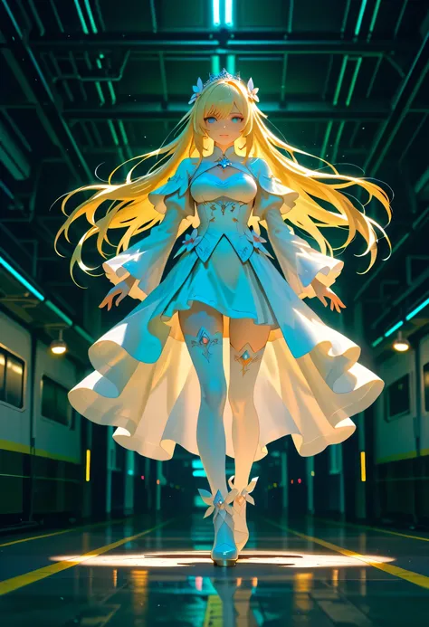 a fantasy beautiful bride walking subway train station t, a beautiful bride best detailed face, dynamic hair color, dynamic hair style, neon lights, a train passing by , cinematic light, High Detail, Ultra High Quality, High Resolution, 16K Resolution, Ult...