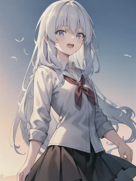 White hair, long hair,( purple eyes:1.5), (big :1.2),pure white background,
1 Girl, school uniforms, flat chest, open mouth , outdoor,wind, Game CG Break,,( masterpiece), (best quality), (ultra-detailed), Very beautiful, Newest, Beauty illustration,sup...