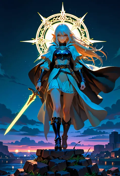 a picture of a female elf, fantasy swashbuckler, fantasy fencer, armed with a slim sword, shinning sword, metallic shine, colorful clothes, dynamic clothing, an ultra wide shot, full body, epic beautiful female elf , rich hair, small pointed ears, colorful...