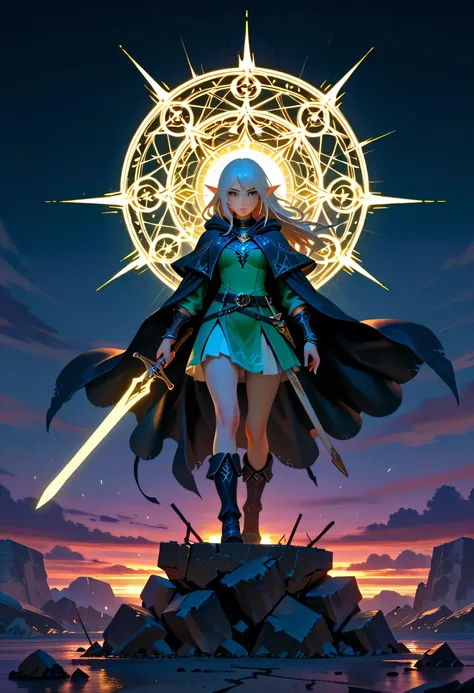 a picture of a female elf, fantasy swashbuckler, fantasy fencer, armed with a slim sword, shinning sword, metallic shine, colorful clothes, dynamic clothing, an ultra wide shot, full body, epic beautiful female elf , rich hair, small pointed ears, colorful...