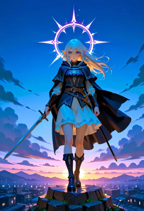 a picture of a female elf, fantasy swashbuckler, fantasy fencer, armed with a slim sword, shinning sword, metallic shine, colorful clothes, dynamic clothing, an ultra wide shot, full body, epic beautiful female elf , rich hair, small pointed ears, colorful...