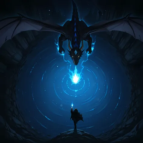 ((Extreme wide shot, high angle):1.2), ((masterpiece, epic action, best quality, ultra realistic, rich facial details, rich scenery details, full HD, 8k, ultra detailed action scene of a black mage walking towards a black dragon):1.2), cinematic compositio...