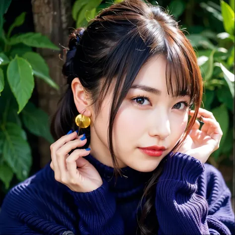   (Lola：Amamiya Sky) （1 person，solo）（Brown Hair）（right ponytail 1:2）（Put your hair on one side）（earrings)（long sleeve blue sweater 1:mile）（big beautiful breasts 1:2）（red lipstick）（1. Put your hands behind your head:hot from above）（）（）（）