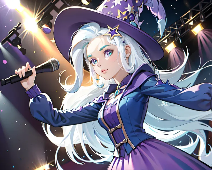 Trixie lulamoon, trixie lulamoon from my little pony, trixie lulamoon in the form of a young woman, flirty look, looking at the camera, firm big breast, two-tone hair, white and blue hair, at a concert, white and purple curtains, alone, a character, purple...