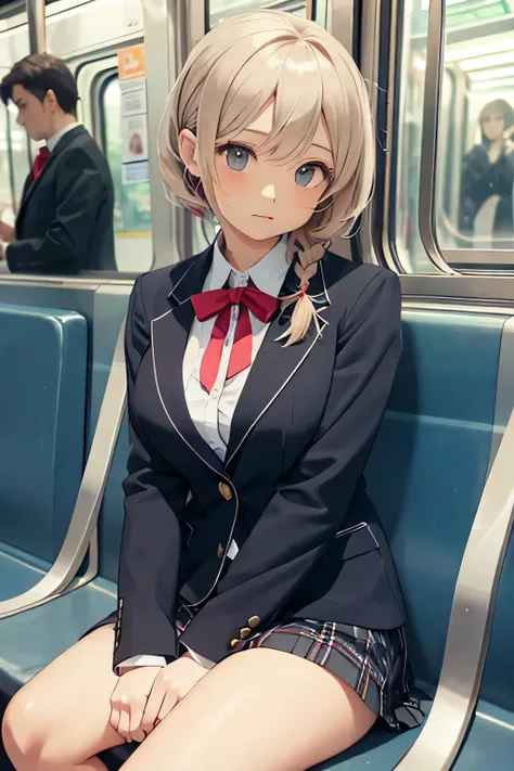 Highest Quality、high resolution、(high image quality:1.3)、masterpiece、detailed background、(very detailed face:1.3)、(detailed eyes:1.3)、age beauty、huge breasts、anatomically correct、perfect body line、Bright-colored hair、ponytail、braided bob cut、 subway、 on her way to school、The uniform is a winter blazer uniform with a dark blue blazer with a red ribbon、plaid pleated skirt、Her eyes are thick、her hands are lightly placed on her lap、

( subwayの電車の座席に座り眠りに落ちかけている少女:1.5)、(girl sitting on a train seat very sleepy:1.5)、cute