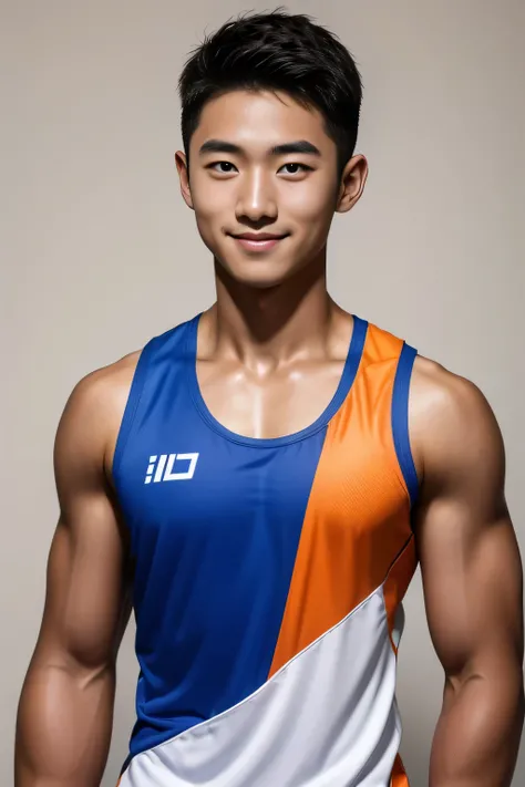 18-year-old male、Japanese、handsome、macho、athlete、Short Hair、facing the front、plain orange tank top、smile