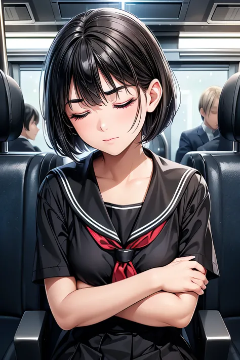 1 girl, BABY FACE:1.5, cute:1.5, small:1.5,
in their 40s
((sailor suit)),
((black hair:1.2), (no forehead visible :1.2), (bob cut : straight hair + Trim the tips of the hair evenly):1.2),
((Slender Body)),
(( dark eyes:1.3), (droopy eyes:1.4), (eye ...