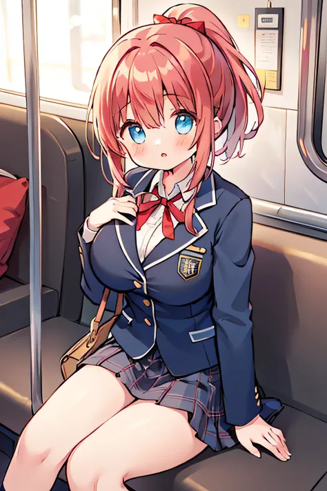 Highest Quality、high resolution、(high image quality:1.3)、masterpiece、detailed background、age beauty、huge breasts、anatomically correct、perfect body line、Bright-colored hair、braided bob cut、ponytail、 on her way to school、The uniform is a winter blazer unifor...
