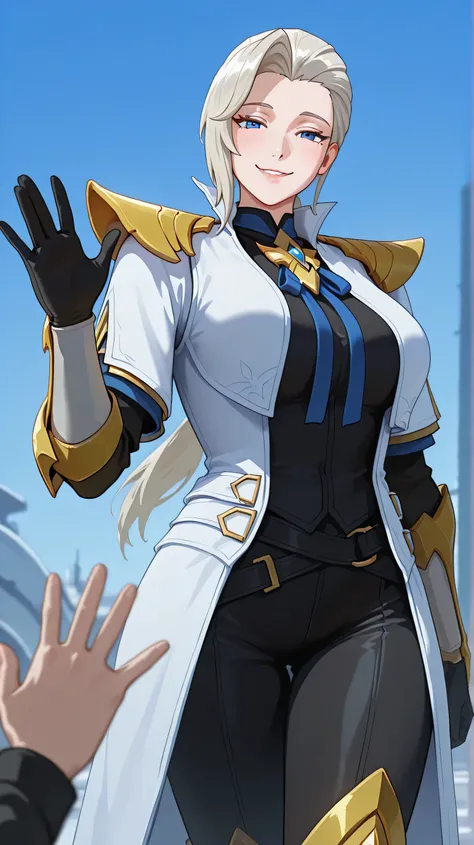 Silvanna base,a mature woman,blue eyes,light blond hair,long haircut,low ponytail,side bangs,Long white gabardine coat with gold details,golden shoulder pads decorated with sharp tips,black shirt,blue bow, open coat,Gloves, black sleeves with gold trim,tig...
