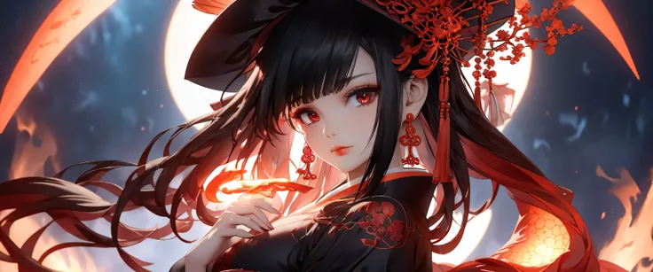(masterpiece, best quality, ultra detailed, high resolution, 4K),
close-up portrait of a seductive female version of Black Wuchang (Hei Wuchang), legendary soul guardian from ancient Chinese mythology,
low-angle view focused on her hauntingly beautiful...