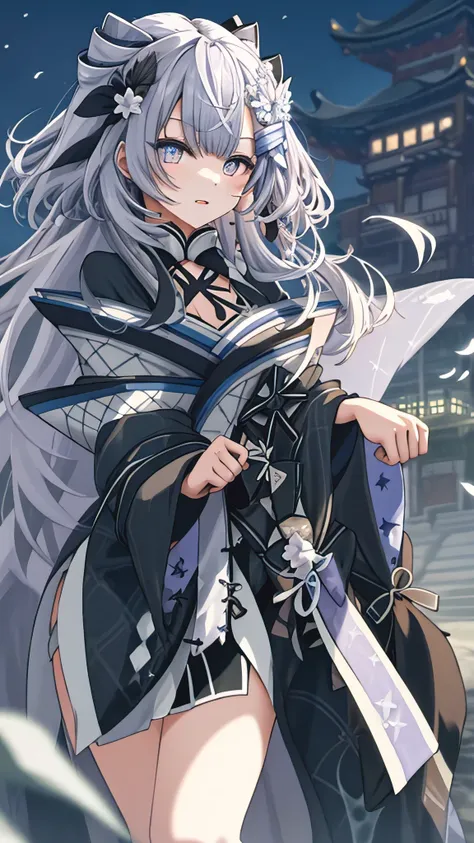 Long hair fluttering in the wind, gotik、Long hair with blue inner、use kimono, the mouth says the word o, night day, half