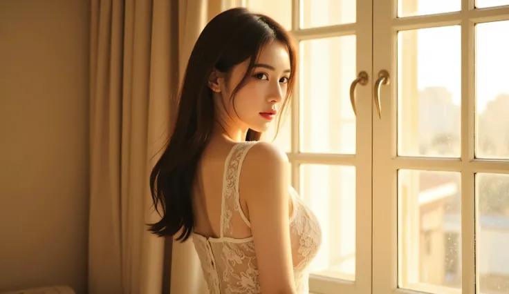 Stunning Asian model with an oval face and seductive eyes, standing beside a large window in a cozy beige room, wearing a transparent lace dress, full bust softly highlighted, looking back at the camera over her shoulder, golden light illuminating her figu...