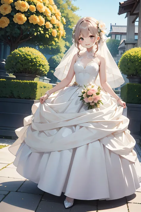 flower飾りをつけたかわいい女の子、real、hair、precise depiction、masterpiece、、beautiful light colored wedding dress、full body、flower、flower飾り、animated illustration