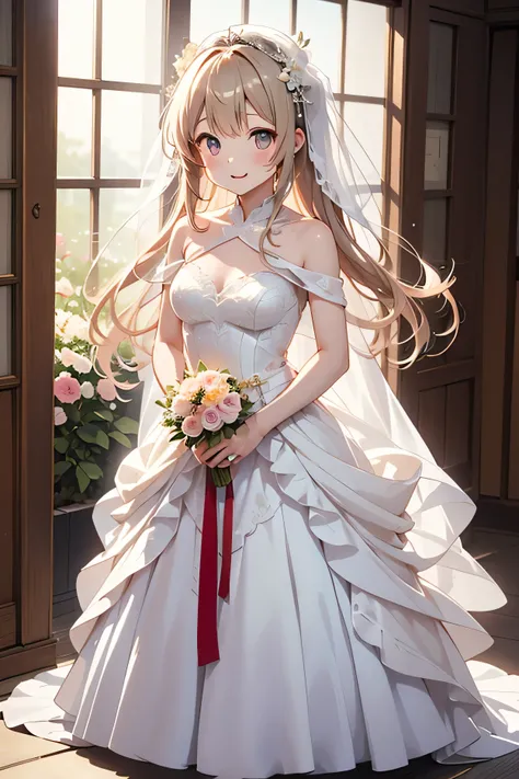 flower飾りをつけたかわいい女の子、、hair、precise depiction、masterpiece、、beautiful light colored wedding dress、full body、flower、flower飾り、animated illustration、Japanese Anime