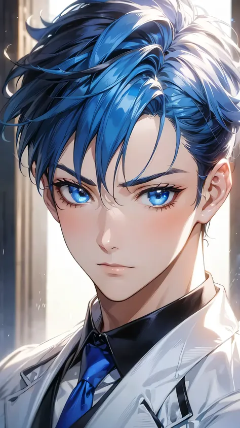 Masterpiece:1.2, 8k resolution:1.4, natural lighting, shiny skin, ultra high quality:1.2, (Detailed multicoloured hair with alternating black and sapphire blue coloured hair strands:1.4, extremely handsome), medium sized quiff styled side partitioned hair,...