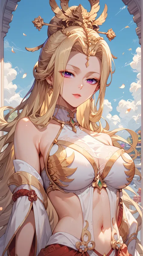 Qian Renxue from Douluo Dalu, blonde hair, purple eyes, beautiful woman, regal attire, modest clothes