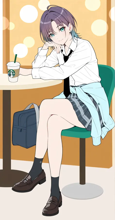 2Danime-style, Cell-shaded style, (flat color:1.3), Toru Asakura, t_asakura, full body shot, sitting pose, sitting at a table in a cafe, drinking tea with a Starbucks-style cup, light smile, looking at viewer, flawless porcelain-like skin, dewy radiance, c...