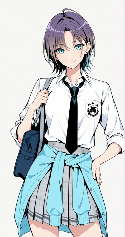 2Danime-style, Cell-shaded style, (flat color:1.3), Toru Asakura, t_asakura, cowboy shot, slight three-quarter view, light smile, looking at viewer, flawless porcelain-like skin, dewy radiance, cinematic lighting, sharp focus, clear lines, crisp outlines, ...