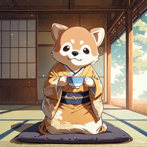 (masterpiece, best quality, ultra-detailed), an anthropomorphic Shiba Inu (stylized, semi-human), rounded face, small black puppy-like eyes, short light brown fur with white markings, symmetrical forward-facing ears, no bangs, no human hairstyle. Wearing a...