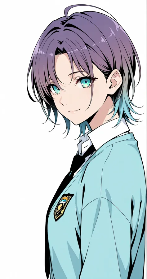 2Danime-style, Cell-shaded style, (flat color:1.3), Toru Asakura, t_asakura, upper body, side view, light smile, looking at viewer, flawless porcelain-like skin, dewy radiance, cinematic lighting, sharp focus, clear lines, crisp outlines, dynamic clean lin...