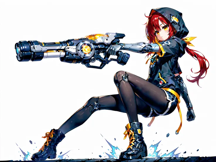 high resolution、High Quality、detailed, solo、 simple eyes 、girl、SHOULDER HOODED SHORT SLEEVE HOODIE、casual outfit、Thick-soled boots、black pantyhose、low ponytail、Clothes modeled after the galaxy、shorts that touch clothes、The right hand and right arm are p...