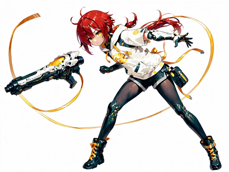 high resolution、High Quality、detailed, solo、 simple eyes 、girl、SHOULDER HOODED SHORT SLEEVE HOODIE、casual outfit、Thick-soled boots、black pantyhose、low ponytail、Clothes modeled after the galaxy、shorts that touch clothes、The right hand and right arm are p...