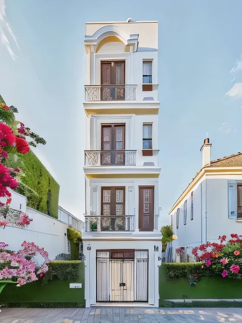 PLATEFORME KTHOUSE, Beaucoup de belles fleurs rouges le long de la route, Romantique, 1 maison de style néoclassique, La maison de ville est faite de murs blancs, Belle lumière, journée de beauté, ensoleillé, Beaucoup de bougainvilliers rouges le long de l...